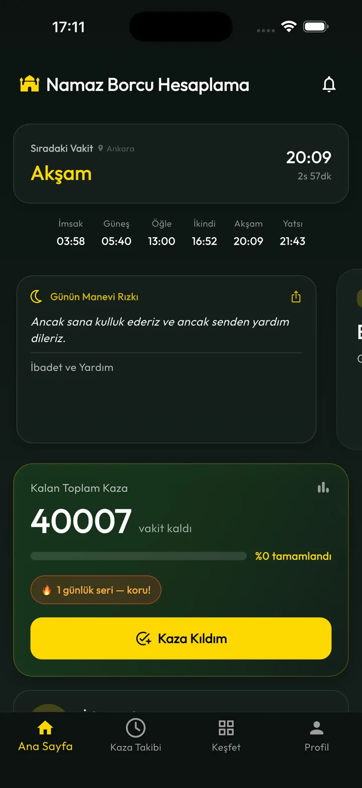 Namaz Borcu Hesaplama uygulamasının ana ekranı